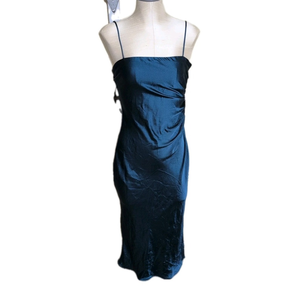 Zara Women's 5 Cami Satin Midi Emerald Green Fitted Spaghetti Strap Y2k 90s